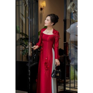 Áo dài trung niên cho mẹ chất lụa ruby cao cấp Thêu Hoa ren tỉ mỉ , đính đá phale thủ công lấp lánh- Áo Dài Trung Lưu
