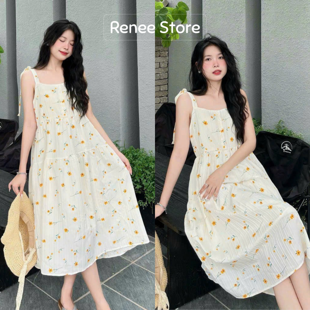 [ẢNH THẬT] Váy hai dây hoa nhí, đầm babydoll buộc nơ vai chất đũi mềm hai lớp thời trang đi biển - V311 | BigBuy360 - bigbuy360.vn