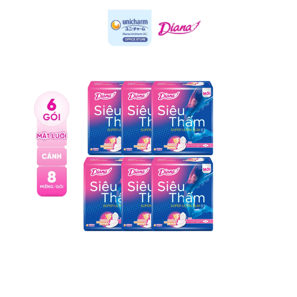 Bộ 6 gói băng Vệ Sinh Diana Siêu thấm siêu siêu mỏng 0.1(Gói 8 miếng)