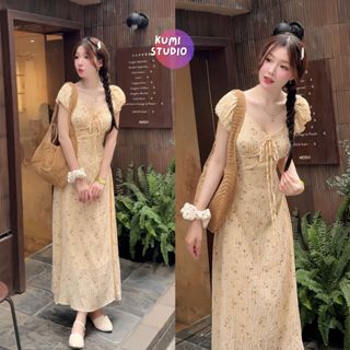 Váy hoa nhí tay phồng nơ cổ dáng dài tôn dáng tiểu thư kumi studio - V39