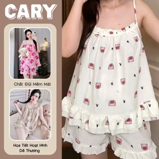 Set bộ ngủ hoạt hình nữ áo 2 dây phối bèo nơ và quần đùi chất đũi gân mềm mát đồ bộ ngủ hai dây mặc nhà mùa hè dễ thương