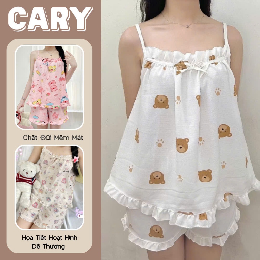 Đồ bộ mặc nhà, đồ ngủ nữ 2 dây, pijama đùi dễ thương CARY