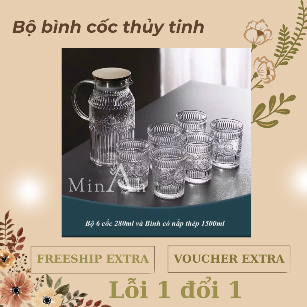 Bộ Cốc Thuỷ Tinh Kèm Bình Thuỷ Tinh Hoạ Tiết Hoa Mặt Trời Cao Cấp - Bộ Cốc Uống Nước, Bình Đựng Nước