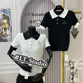 LT - Áo len polo cổ bẻ xoắn thừng chữ x thêu ngực free size phối trắng đen mã 748
