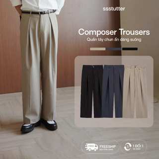 Quần âu ống rộng nam SSSTUTTER ống suông rộng xếp ly COMPOSER TROUSERS - MONOCHROME