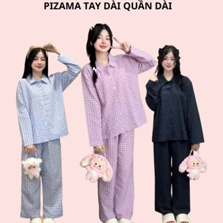  Bộ pijama DÀI DÀI không viền cho nữ phối cổ sen bộ đồ ngủ mặc nhà pijama tay dài quần dài hoạ tiết caro 