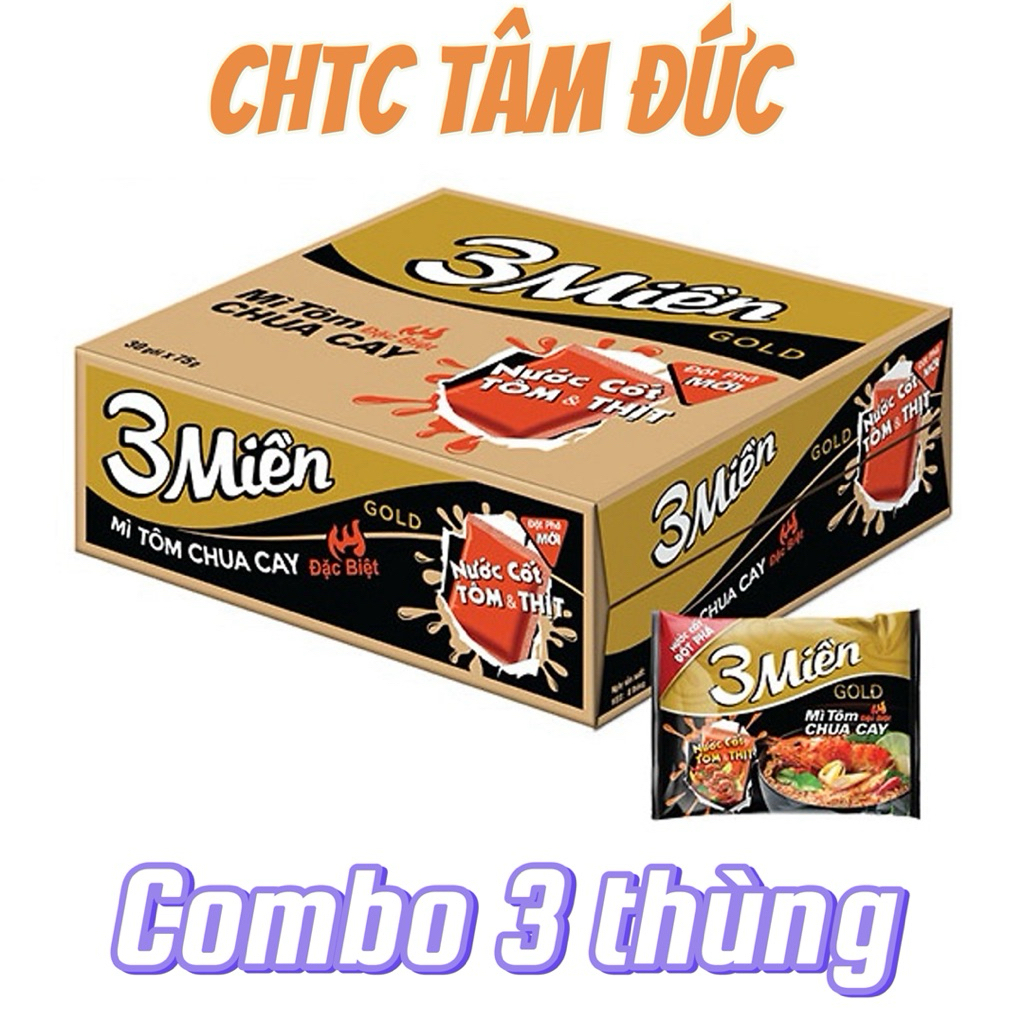Combo 3 Thùng Mì 3 Miền Gold tôm chua cay đặc biệt gói 75g