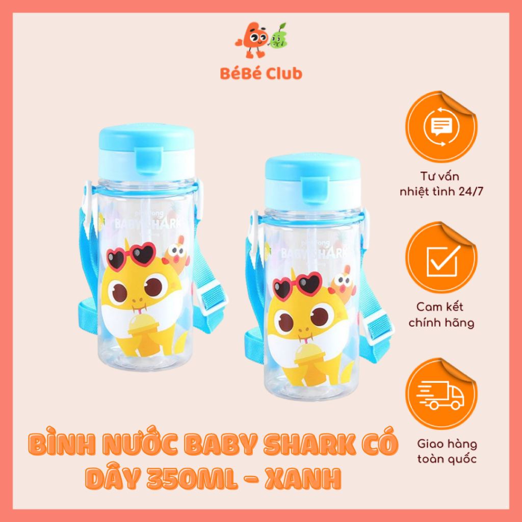Bình Nước Baby Shark Có Dây 350ml - Xanh