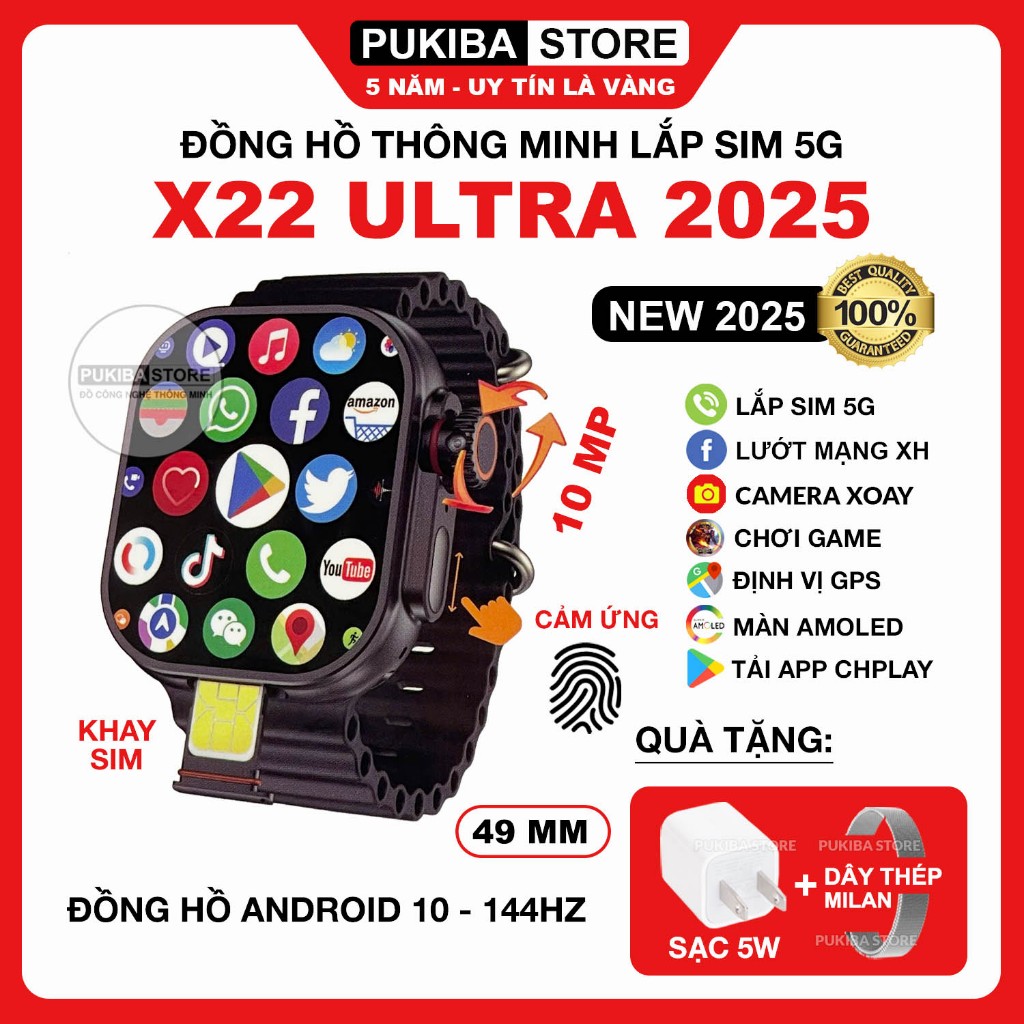 Đồng Hồ X22 Ultra 2025/ Ultra 6 Promax  Lắp Sim 5G, Camera 10MP, 144Hz, Wifi, Lướt MXH, Tải App CHpl
