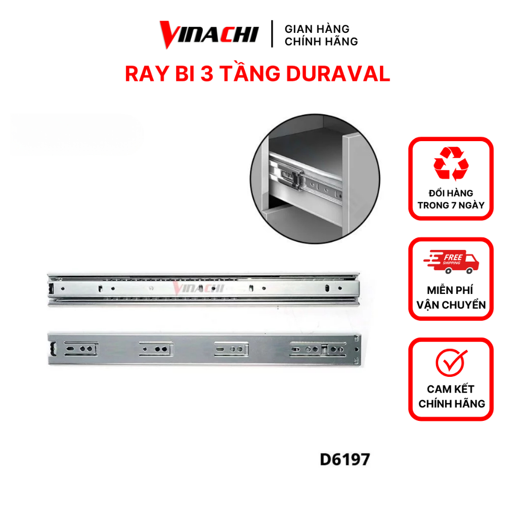Bộ 2 Thanh ray trượt ngăn kéo tủ-Ray bi 3 tầng Duraval chịu tải tốt