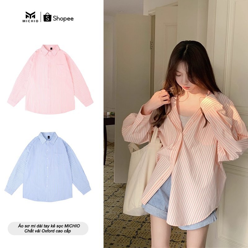 Áo Sơ Mi Dài Tay Nữ MICHIO Kẻ Sọc Form Rộng Vải Oxford Thoáng Khí