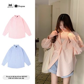  Áo Sơ Mi Dài Tay Nữ MICHIO Kẻ Sọc Form Rộng Vải Oxford Thoáng Khí 