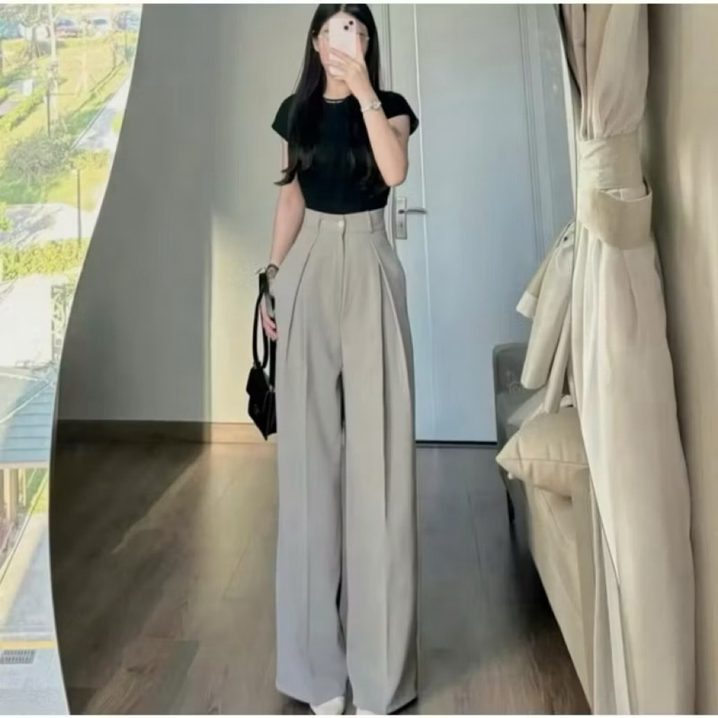 𝑷𝒊𝒏𝒌_𝑺𝒕𝒖𝒅𝒊𝒐//  Quần nữ ống rộng suông gân giữa LM-385, phong cách công sở Hàn Quốc cho quý cô thanh 