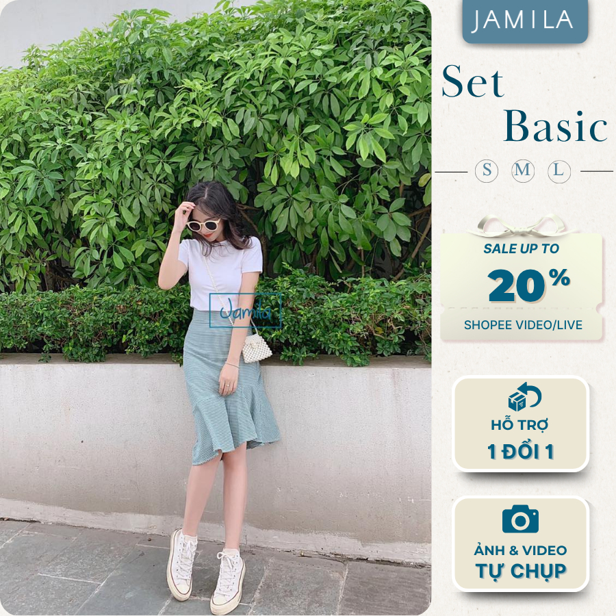 Set áo trắng Basic x Chân váy đuôi cá kẻ xanh