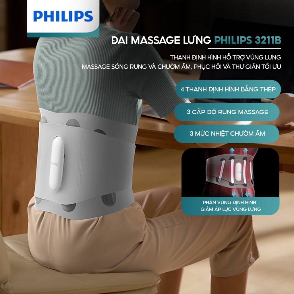 Đai Massage Lưng PHILIPS 3211B - Giảm áp lực vùng lưng, với 3 cấp độ rung massage và 3 mức nhiệt chườm ấm