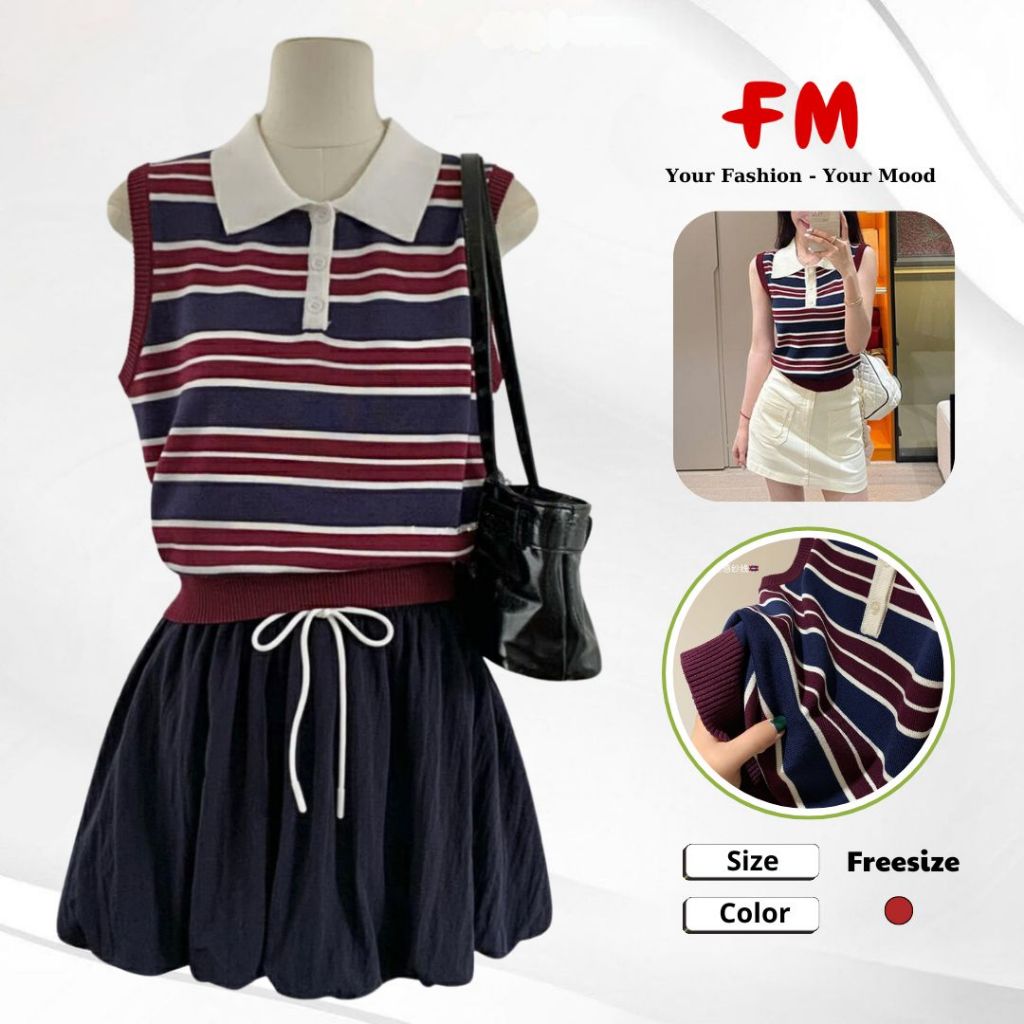 Áo Thun Dệt Kim Kiểu FMSTYLE Sát Nách polo kẻ màu phối 3 nút thời trang hàn quốc Freesize 25080240