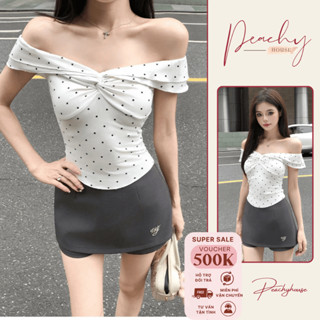 Áo trễ vai xoắn ngực chấm bi phong cách Hàn Quốc hot trend, chất cotton co giãn 4 chiều - AT03