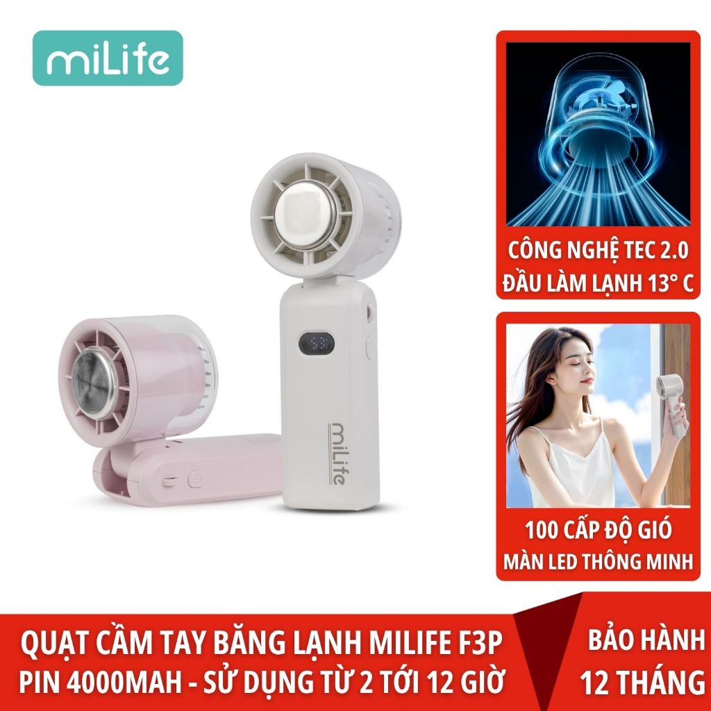 Quạt sò lạnh cầm tay miLife F3P pin 4000mAh màn hình led gập cổ được có dây đeo cổ - Bảo hành 12 thá