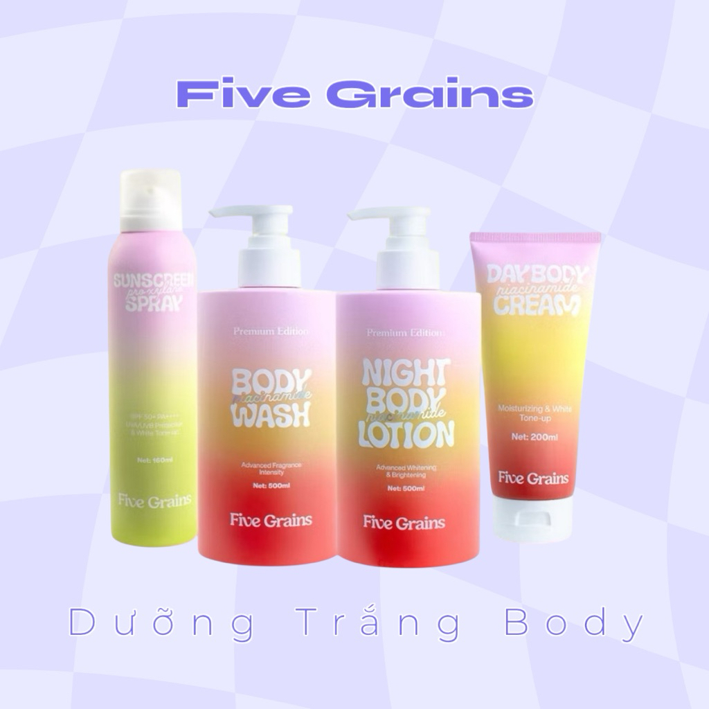 [Five Grains] Bộ Dưỡng Trắng Da Body Five Grains/ Kem Dưỡng Da Ban Ngày 200ml/ Xịt Chống Nắng Toàn T