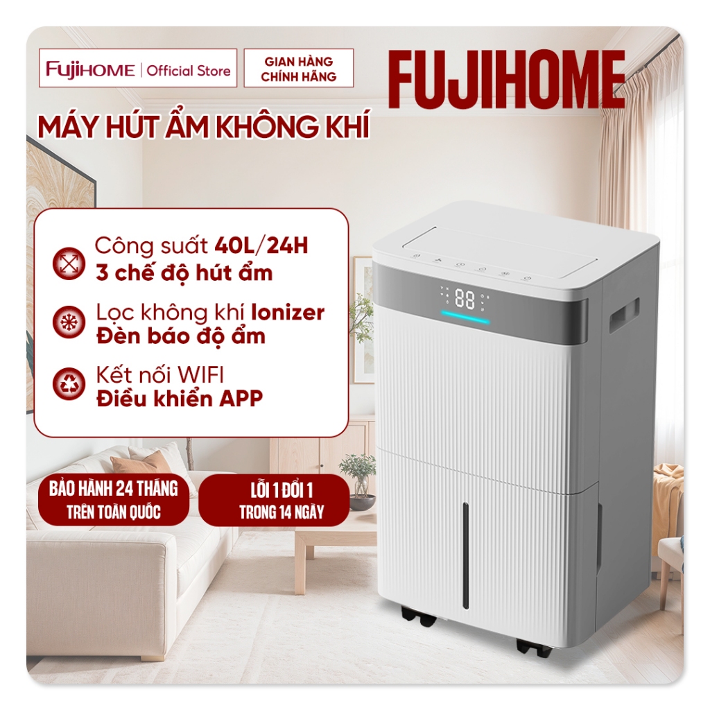 Máy hút ẩm dân dụng 40 Lít/Ngày lọc không khí Ionizer FUJIHOME, Kết nối WIFI điều khiển qua APP 3 chế độ sấy quần áo