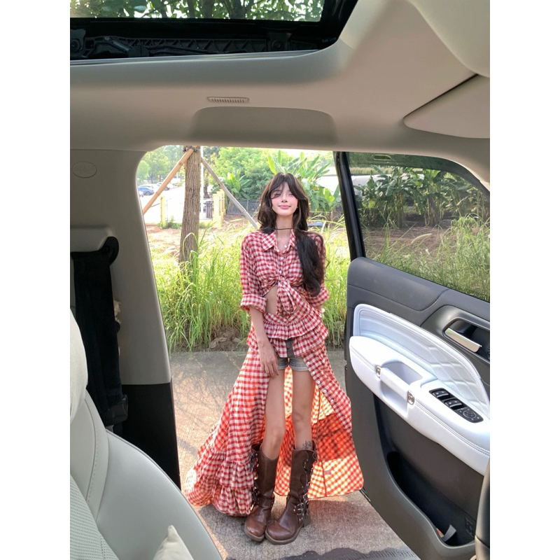 Set sơ mi croptop phối chân váy dài bèo tầng xẻ đùi caro đỏ TABISHOP Set đồ nữ sang chảnh mặc đi chơi du lịch(172) | BigBuy360 - bigbuy360.vn