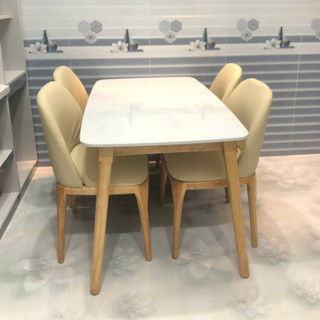 Bàn Ăn Mặt Đá 1m4x80 Sang Trọng + 4 ghế phối màu kem - Bàn Ăn Gia Đình Hiện Đại, Chống Trầy, Dễ Vệ Sinh