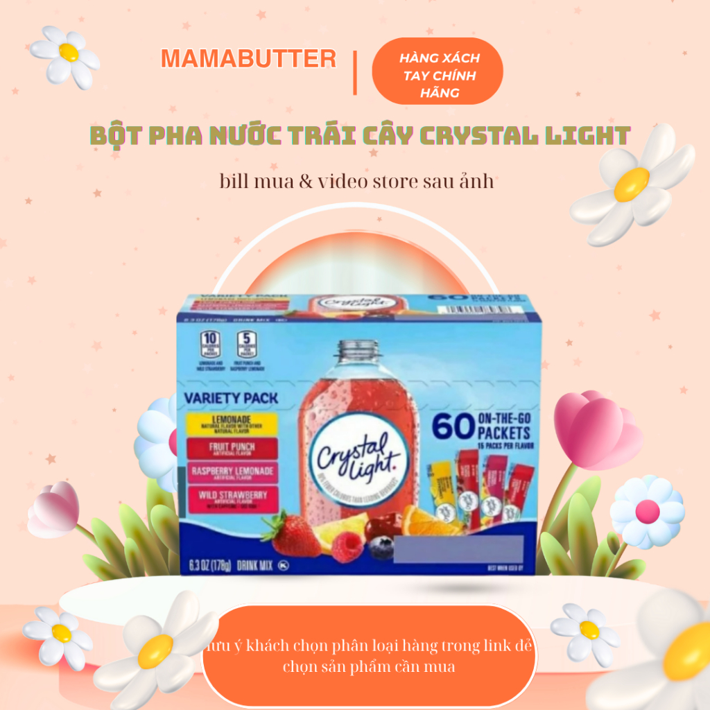 [2026] Bột pha nước trái cây crystal light mix vị