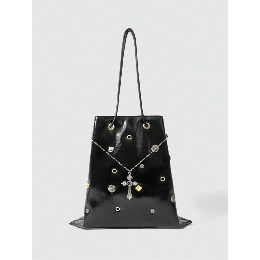🍒 𝓢𝓽𝔂𝓵𝓮 𝓭𝓸𝓾𝔂𝓲𝓷 🍒Goth Riveted Cross Decor Chain Shoulder Bucket Bag