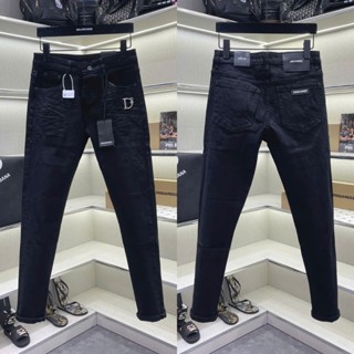 Quần jean bò nam PB slimfit đen đậm trơn dập nhăn 3D tag logo D2 bạc đùi phối mác chữ da túi sau QJ708P