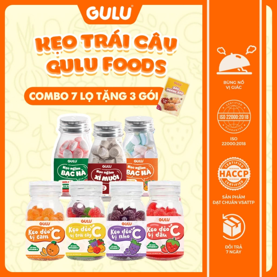 Combo Kẹo Dẻo C, Kẹo Ngậm Bạc Hà Gulu Foods, Combo 7 Lọ, Hương Vị Trái Cây