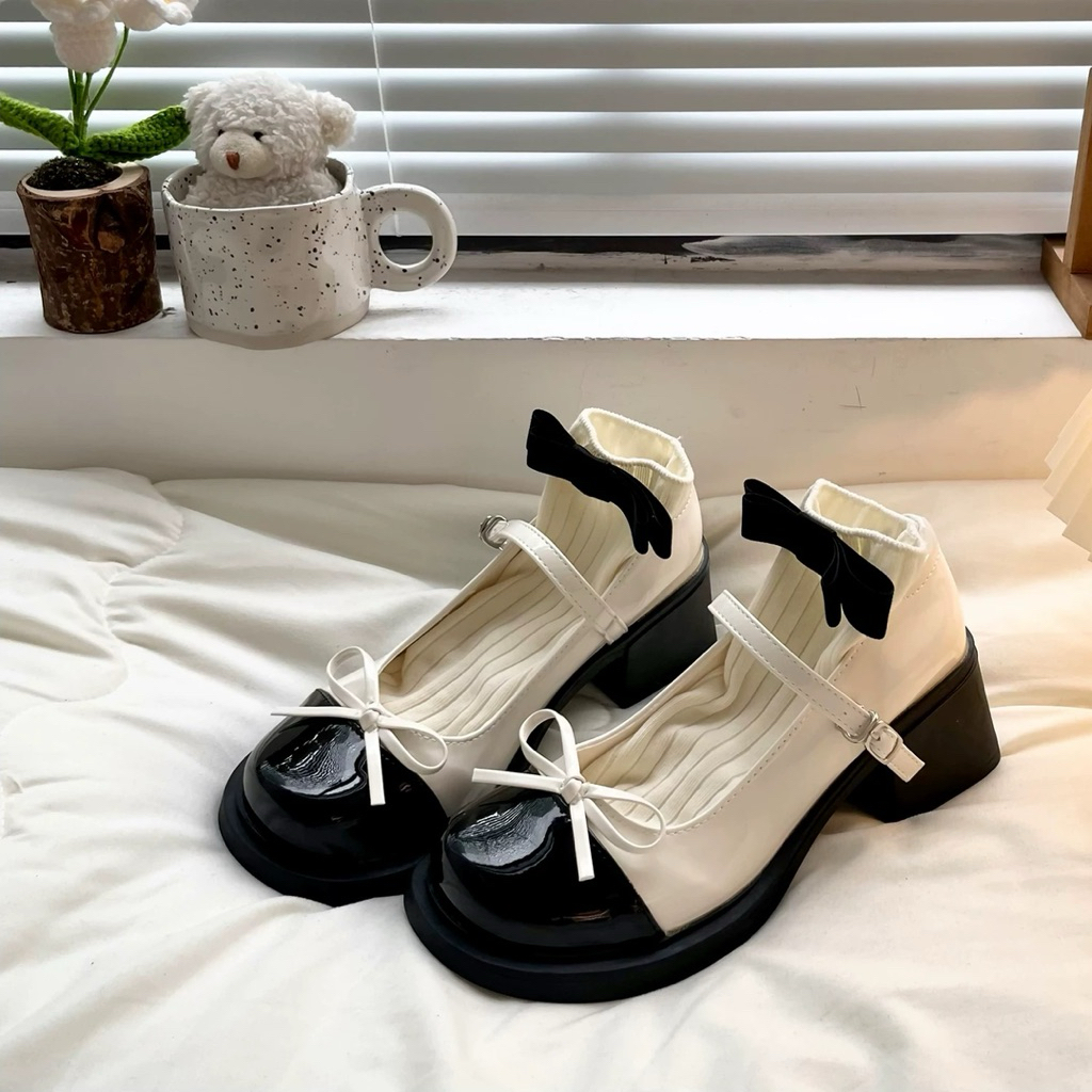 Giày búp bê lolita nữ da bóng cao gót 5p quai dán | BigBuy360 - bigbuy360.vn