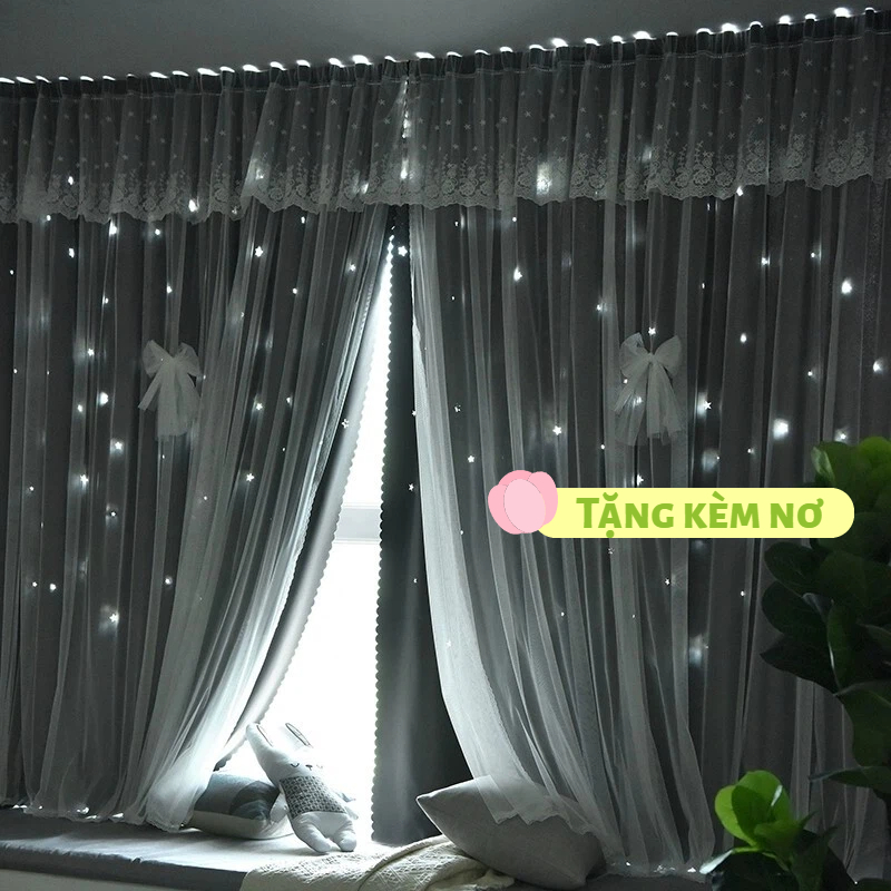 Rèm cửa 2 lớp dán tường có viền ren