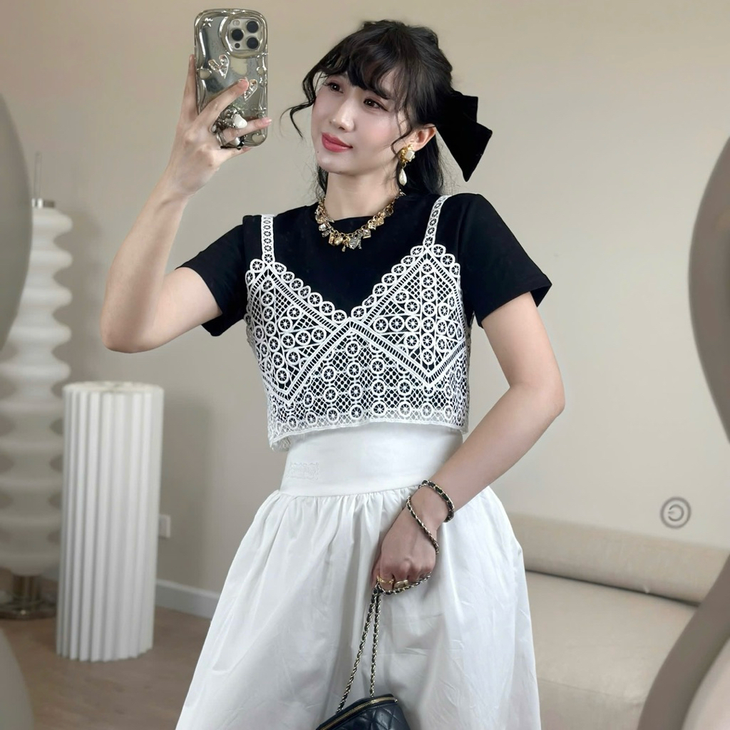 Áo thun đen phối bra len trắng, Áo thun cộc tay nữ mùa hè kèm áo len móc Choose me Klp