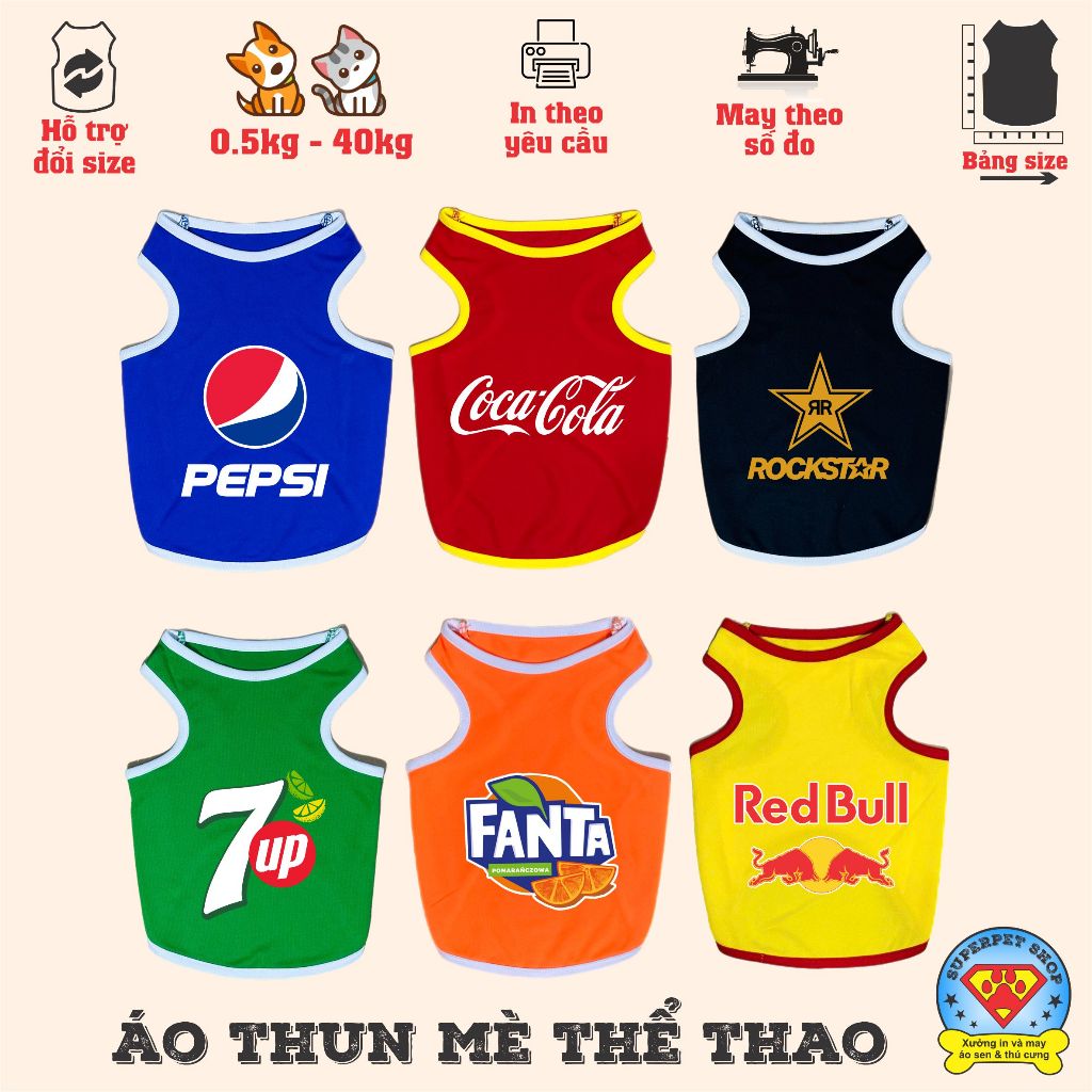 ÁO THÚ CƯNG IN LO GO NƯỚC NGỌT KHÔNG TAY ĐỦ MÀU