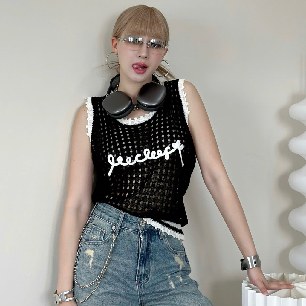 Áo sát nách len lưới nữ, áo len mỏng viển ren trắng mùa hè thời thượng Choose Me Klp