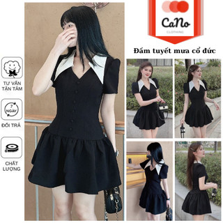  Đầm nữ thiết kế cổ đức chiết eo tiểu thư CANOCLOTHING  Váy sơ mi phối cổ khuy bọc chất tuyết mưa 