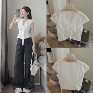 (Hàng đẹp có sẵn size SM) Áo ren xô boil cổ V tay hến thắt nơ ngực CHEANLIN TOP dành cho nữ phù hợp cho mùa hè
