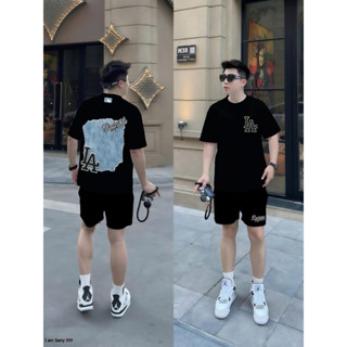 Set Bộ Nam Nữ MLB Áo Thun Quần Short Form Rộng In Kĩ Thuật Số