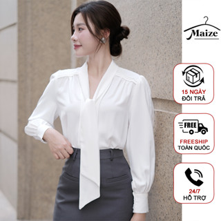 Áo sơ mi nữ Maize xếp ly cổ dây nơ thanh lịch, chất lụa tuyết suông mềm chống nhăn