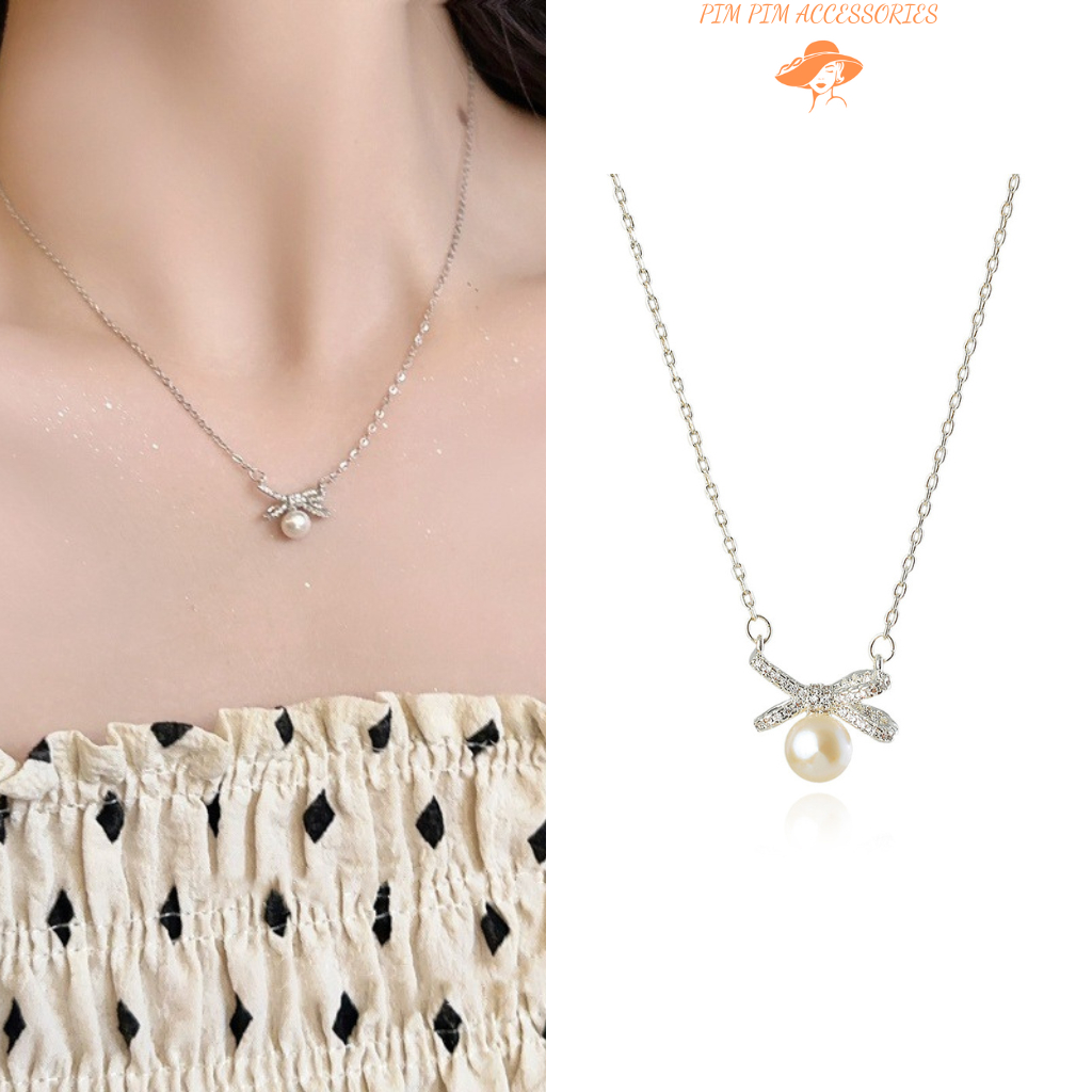 Dây Chuyền Nữ Ngọc Trai Nhân Tạo Đính Nơ Nhỏ Cao Cấp – Thiết Kế Tinh Tế, Phong Cách Hàn Quốc