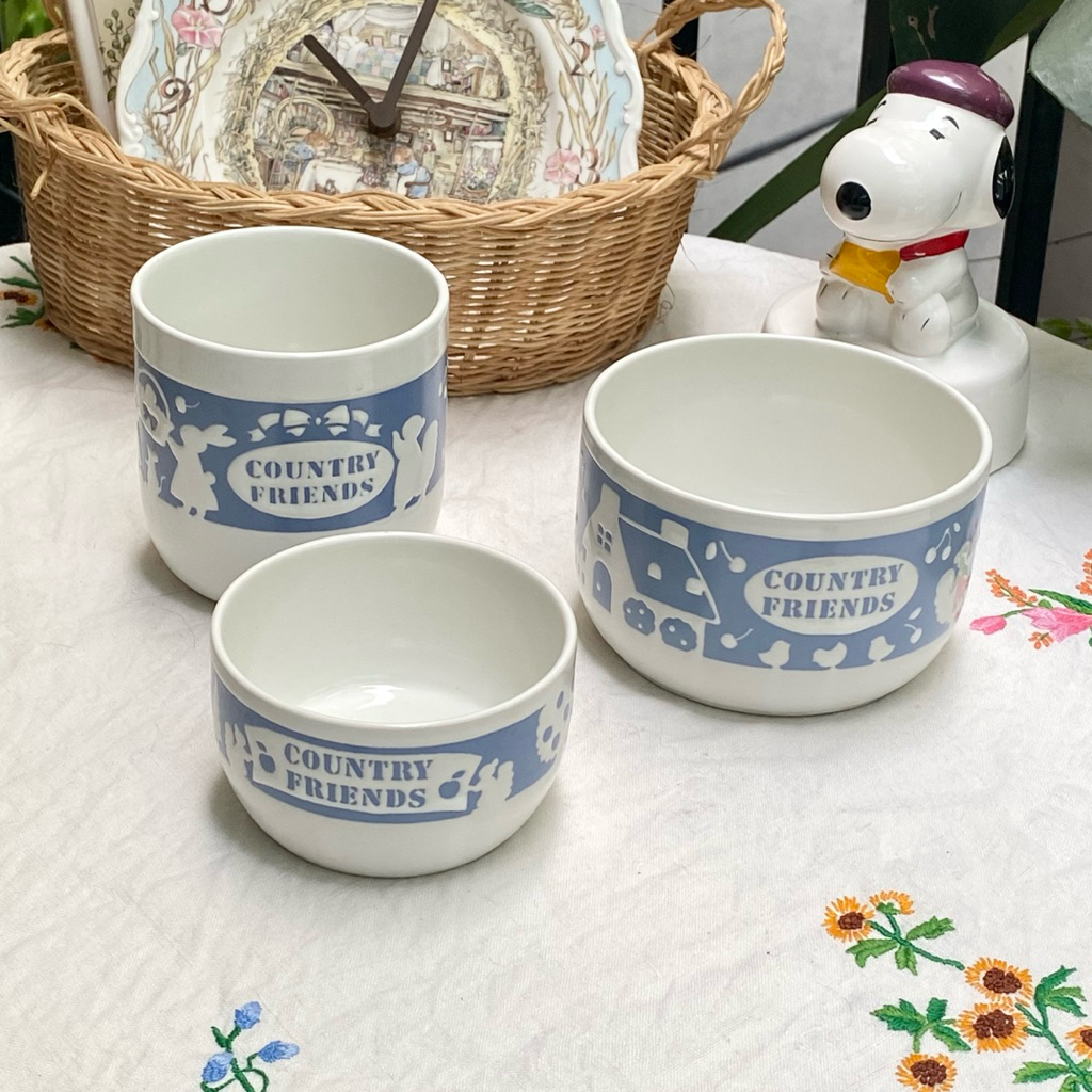 BỘ THỐ 3 MÓN HOẠ TIẾT KHẮC COUNTRY FRIENDS GỐM NHẬT 2HAND