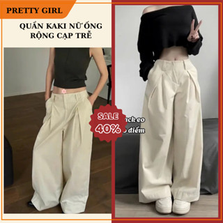 Quần Kaki Nữ Ống Rộng Xếp Ly Cạp Trễ Pretty Girl, Quần Kaki Nữ Basic Phong Cách Trẻ Trung KAKIM