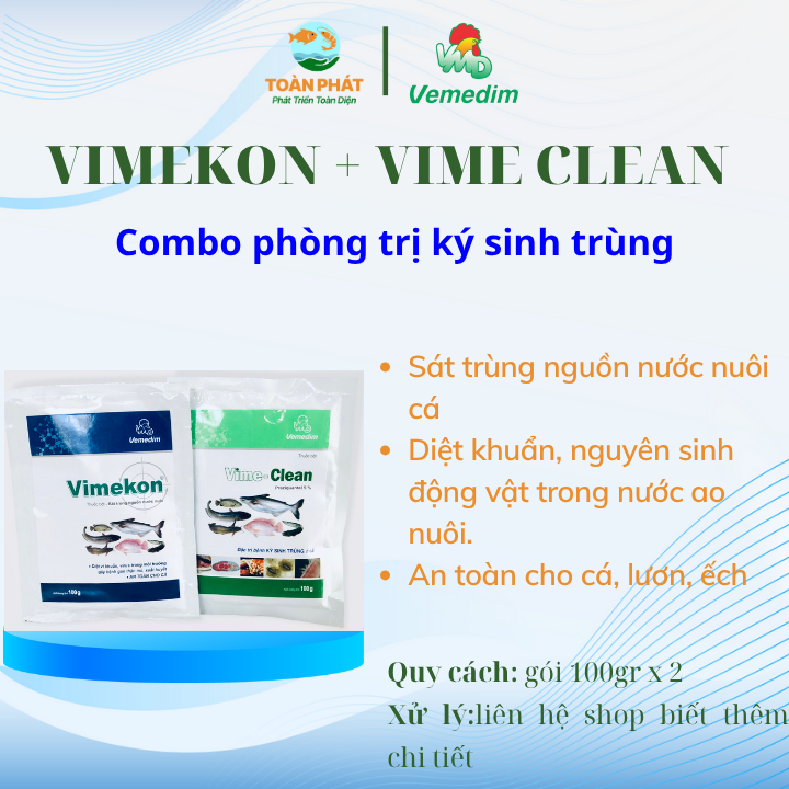 VEMEDIM Combo Phòng và diệt ký sinh trùng cho cá (Vimekon+ Vime Clean), 2 gói (100gr) - Lonton store