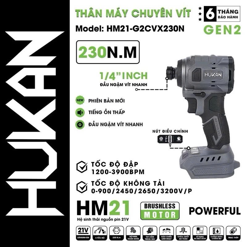 Thân Máy Chuyên Vít Pin HUKAN HM-21G2CV230N ,4 Tốc Độ . Động Cơ không than , Lực Siết 230N