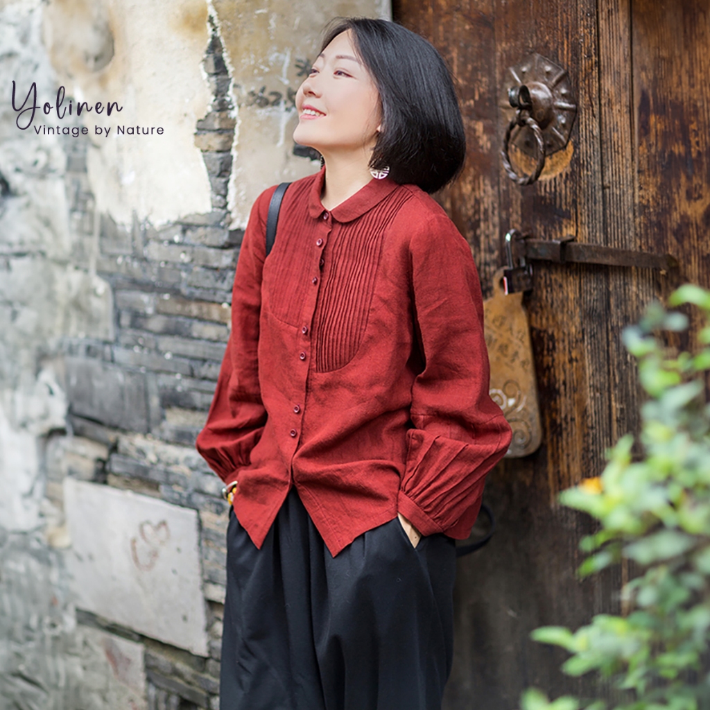  Áo sơ mi xếp ly sang trọng YOLINEN tay dài form rộng vải cotton linen sợi tự nhiên đỏ ASM02 