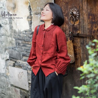 Áo sơ mi xếp ly sang trọng YOLINEN tay dài form rộng vải cotton linen sợi tự nhiên đỏ ASM02 