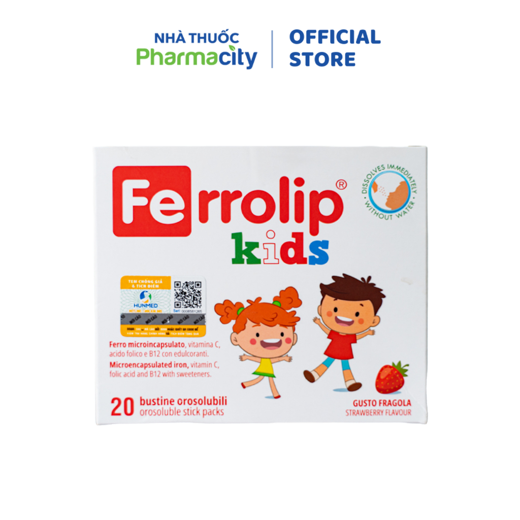 Bột uống Ferrolip Kids bổ sung sắt vị dâu (Hộp 20 gói)