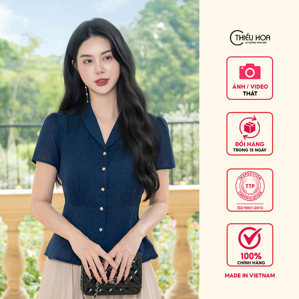Áo kiểu thiết kế tinh tế thanh lịch chất liệu Xô in hoa thương hiệu Thiều Hoa AN5L0147