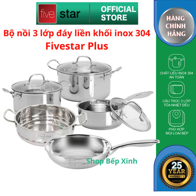 Bộ nồi inox 304 đúc liền khối 3 lớp Fivestar Plus FPB3002 size quánh18cm , nồi 20cm , 24cm , dùng được mọi bếp