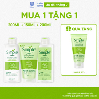 Combo 3 bước dưỡng Simple Nước tẩy trang 200ml + Sữa rửa mặt 150ml + Nước hoa hồng 200ml cho da nhạy cảm